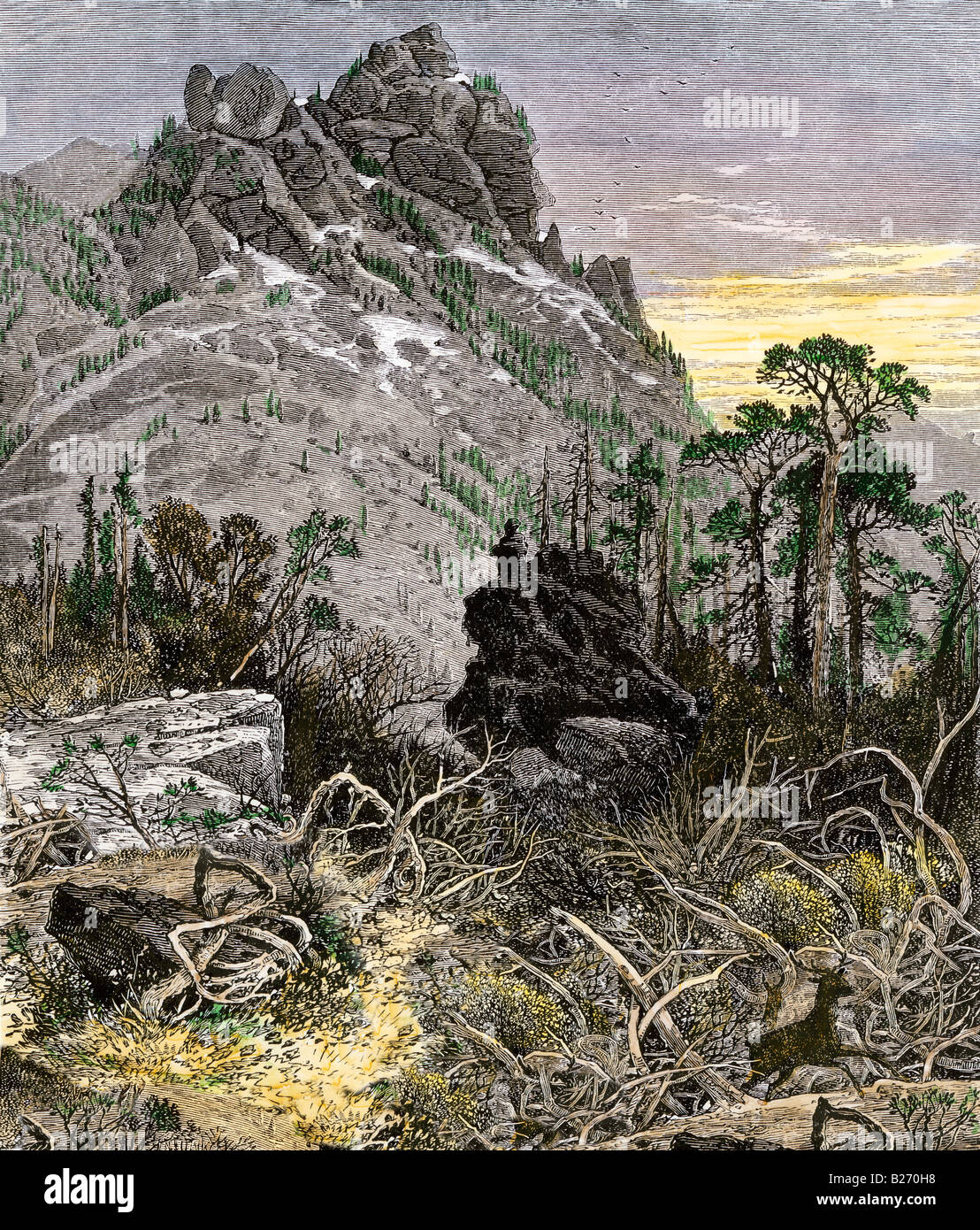 Black Hills with lingering snow sacred area of the Sioux South Dakota. Hand-colored woodcut Stock Photo