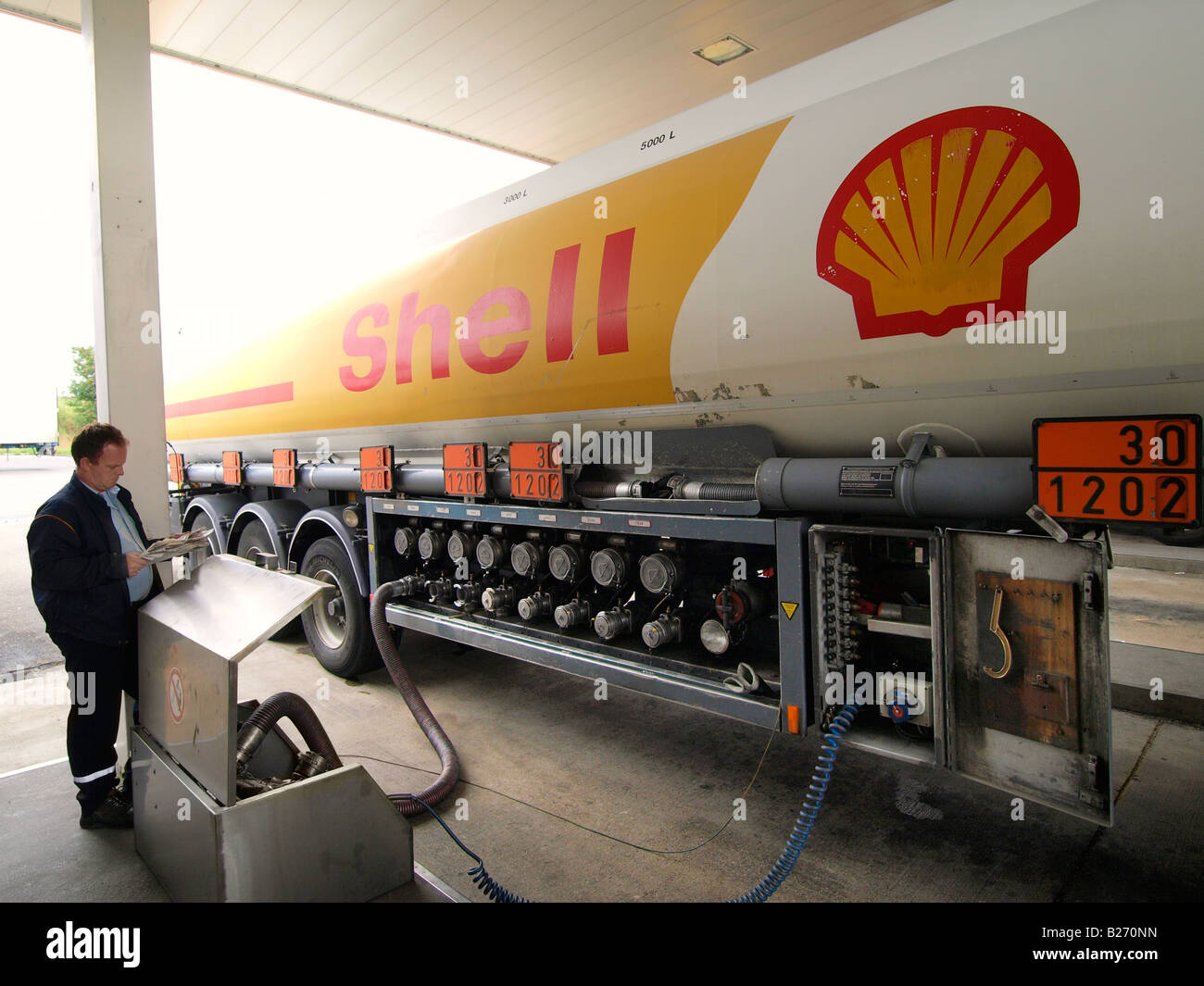 Shell truck delivering diesel fuel at a special gas station for trucks Hazeldonk Dutch Belgian border Belgium Stock Photo