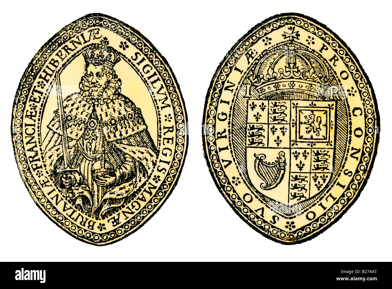 Seal of the Virginia Company with a portrait of King James I. Hand-colored woodcut Stock Photo
