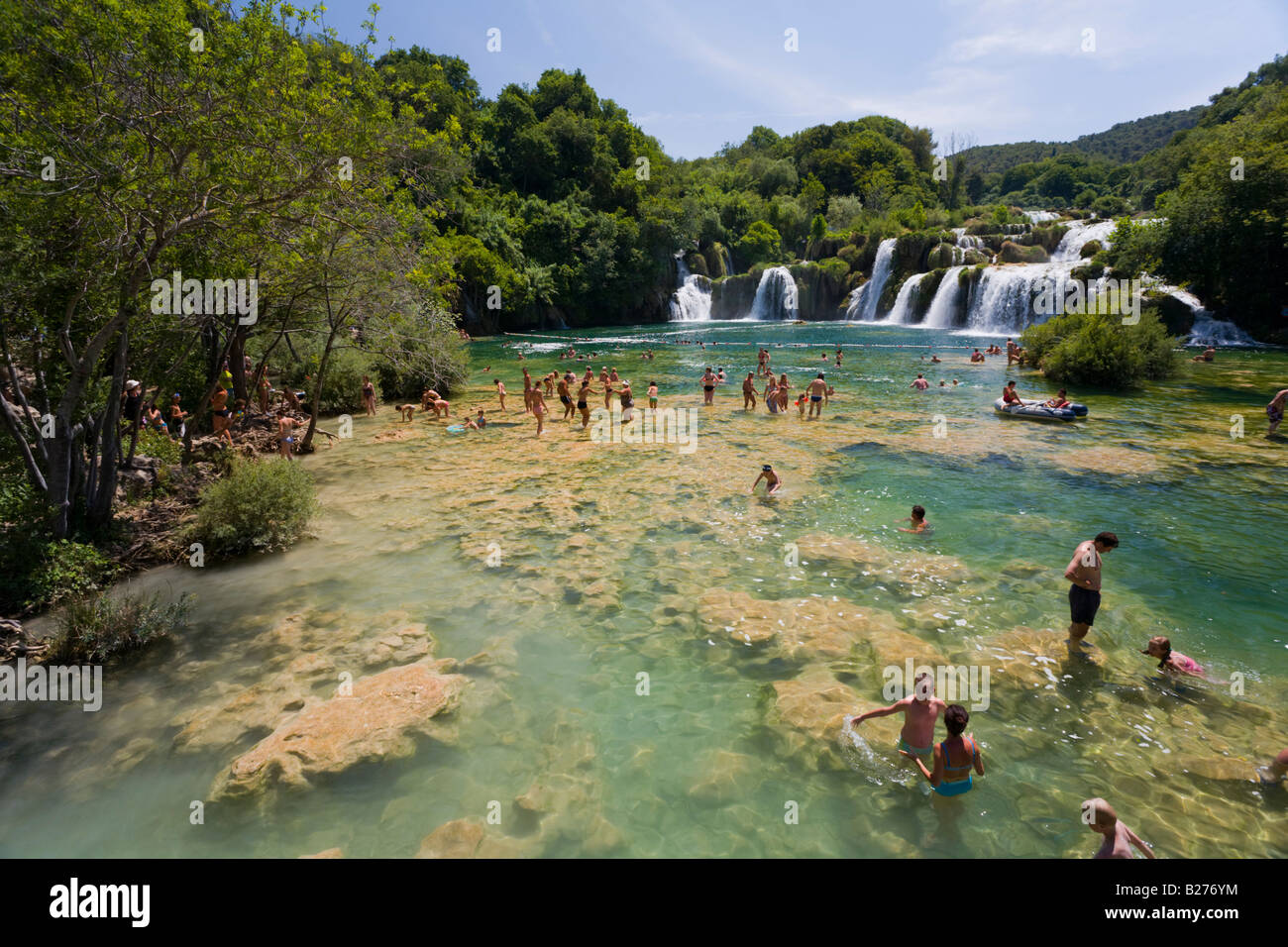 Krka waterfalls, Skradinski buk lower falls, Croatia, Europe, bathing is allowed in restricted area Stock Photo