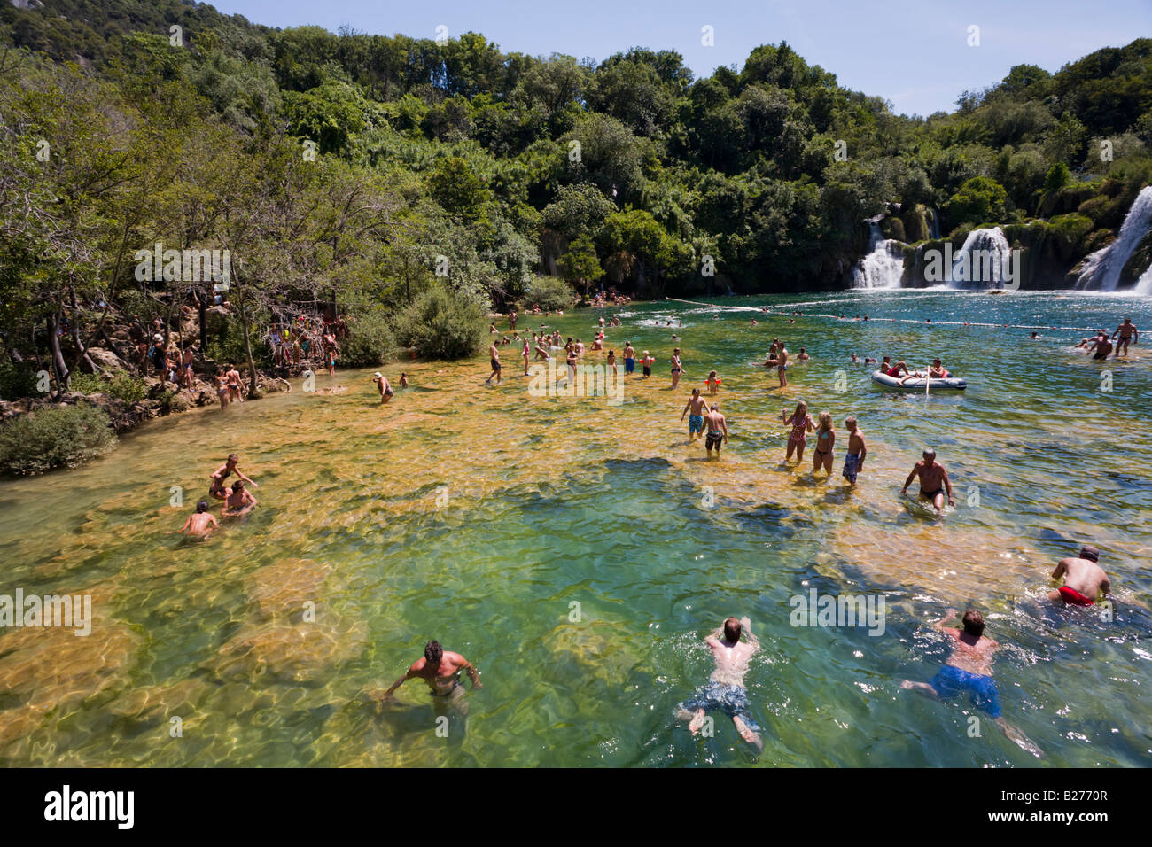 Krka waterfalls, Skradinski buk lower falls, Croatia, Europe, bathing is allowed in restricted area Stock Photo