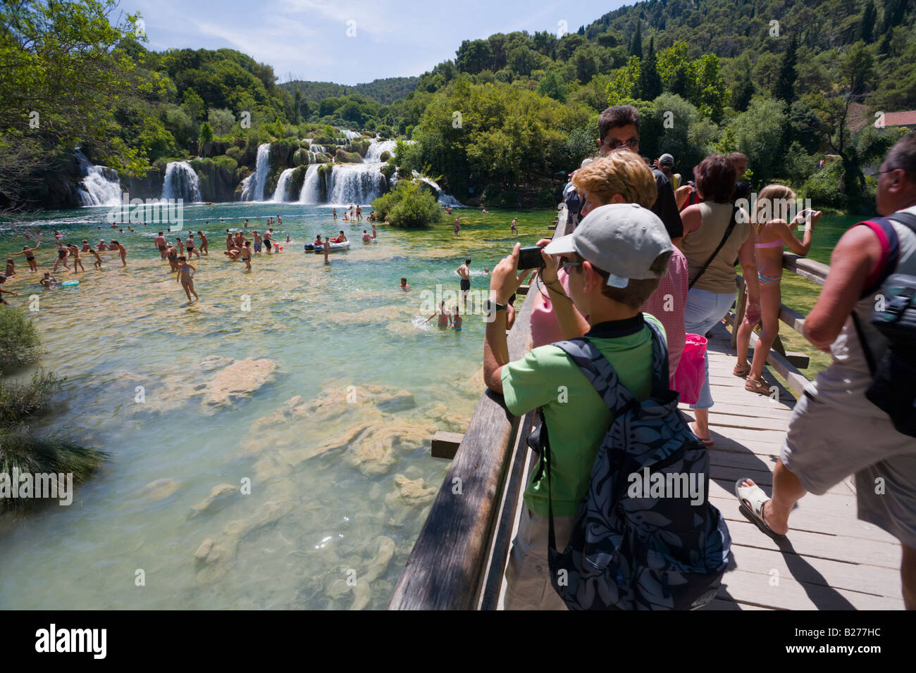 Krka waterfalls, Skradinski buk lower falls, Croatia, Europe, bathing is allowed in restricted area Stock Photo