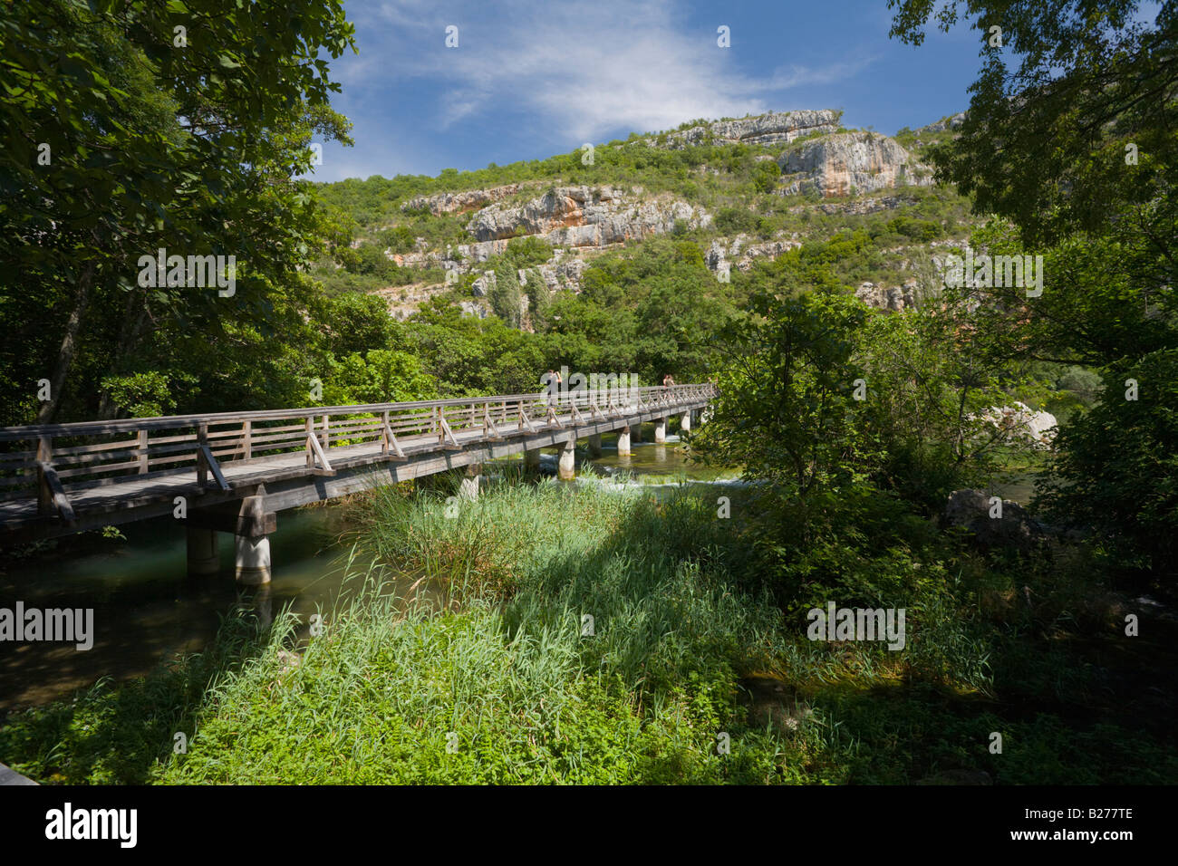 Krka waterfalls, Roski slap area, Croatia, Europe, wooden foot bridge Stock Photo