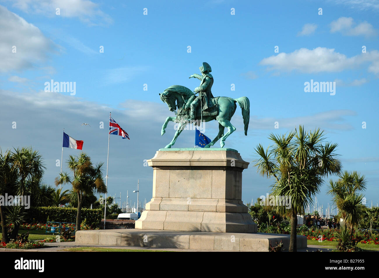 Statue of Napoleon Bonaparte on horse close to main harbour Cherbourg