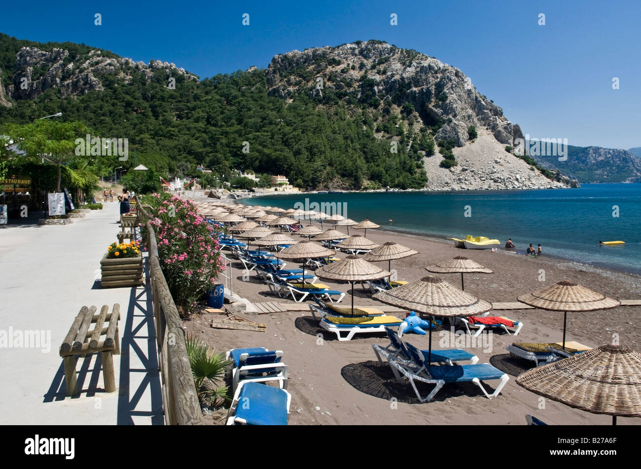 Beach in resort town of Turunc Mugla Turkey Stock Photo
