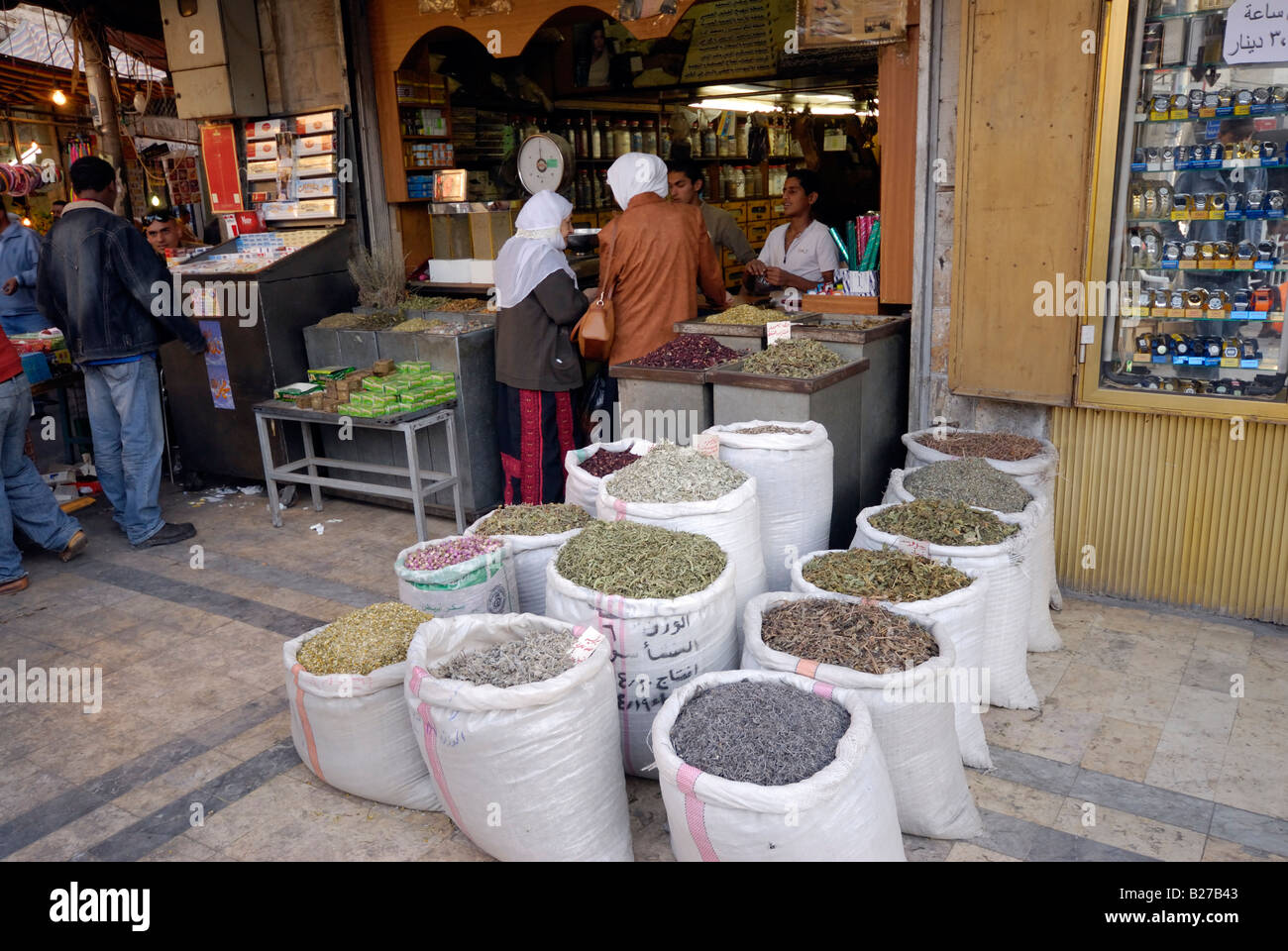 spices in bags on Fruit and vegetable market, Amman, Jordan, Arabia Stock Photo