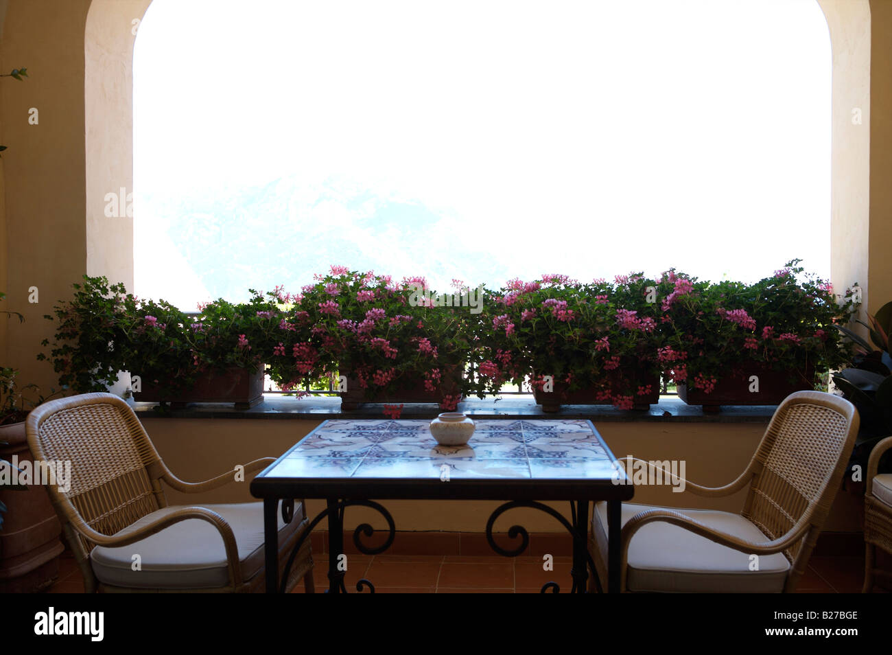 Table and chairs at the Hotel Caruso in Ravello, on the Amalfi Coast in Italy. The five 5 star hotel as magnificent views Stock Photo