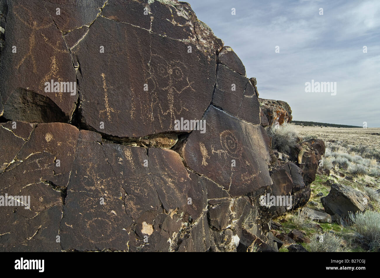 Native American pictograph rock carvings at Petroglyph Lake Hart Mountain National Antelope Refuge southeastern Oregon Stock Photo
