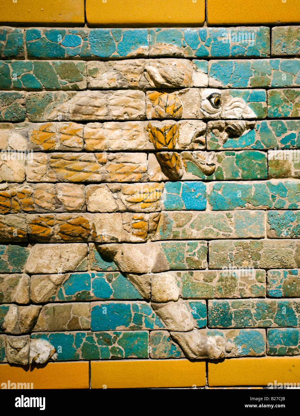 Detail of ceramic tiled lion at Ishtar Gate in Pergamon Museum in Berlin Germany Stock Photo