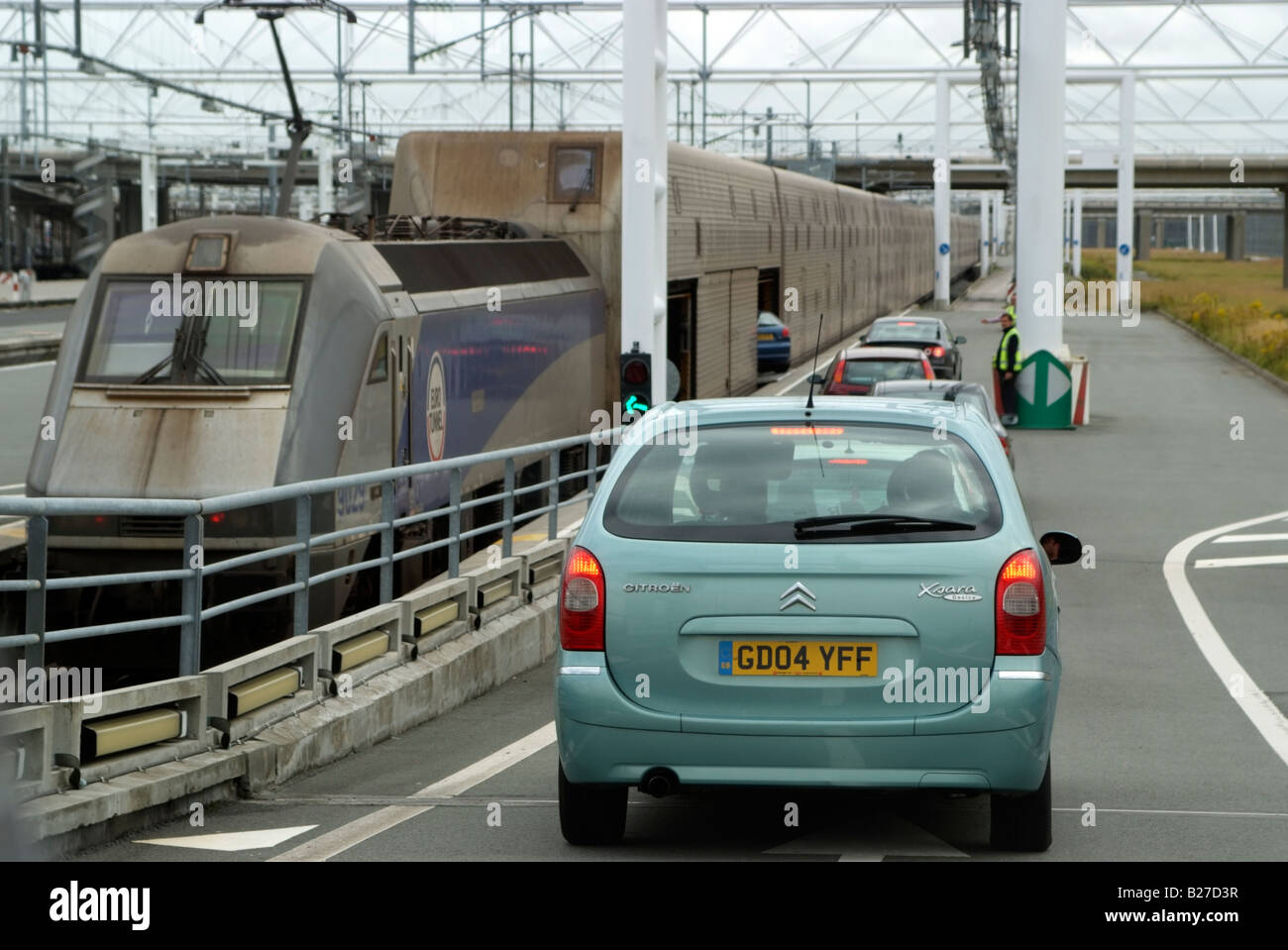 Eurotunnel passenger shuttle car loading platform in Calais France
