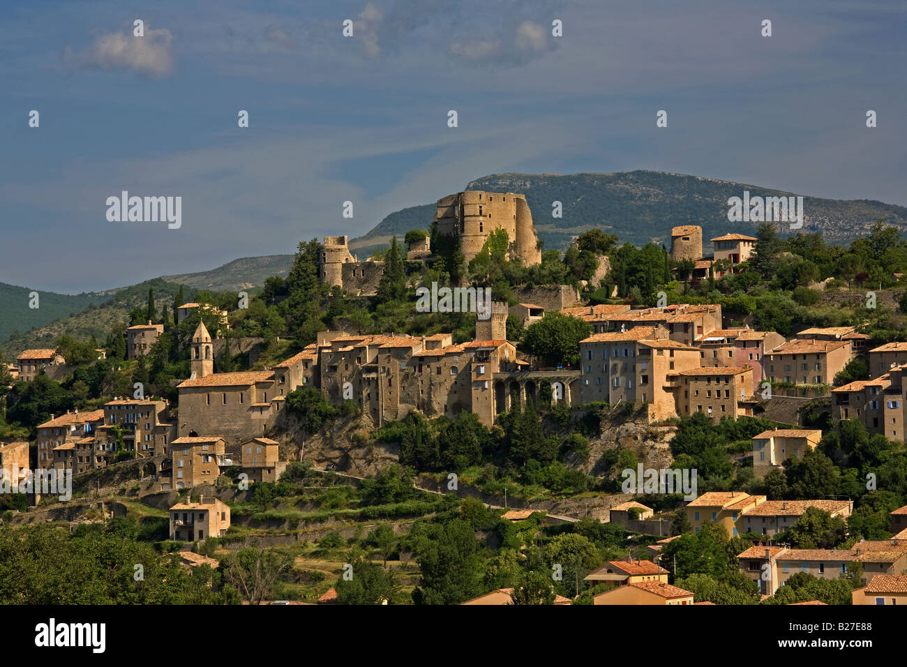 Village of Montbrun-Les Bains sitting high up in the hills of Provence, France Stock Photo