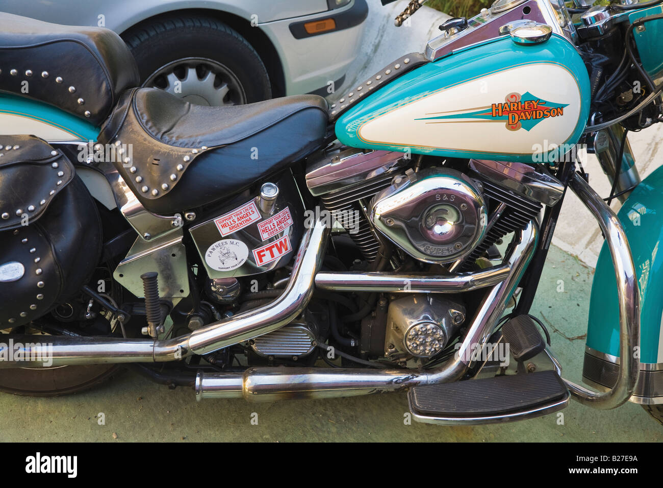 Harley Davidson motorbike with Hell s Angels club stickers Stock Photo -  Alamy