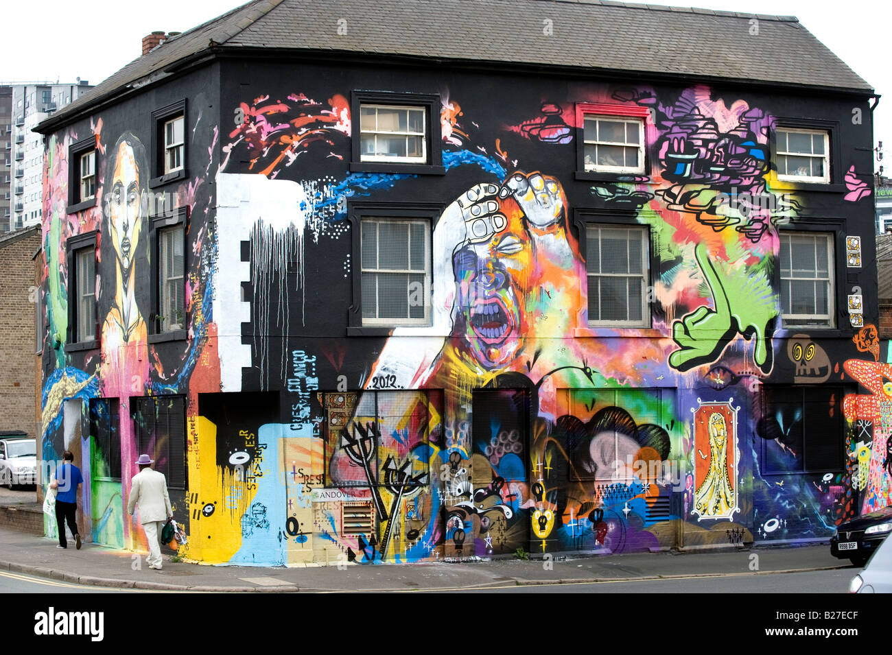 House building painted with gaudy mural in Digbeth in Birmingham Stock