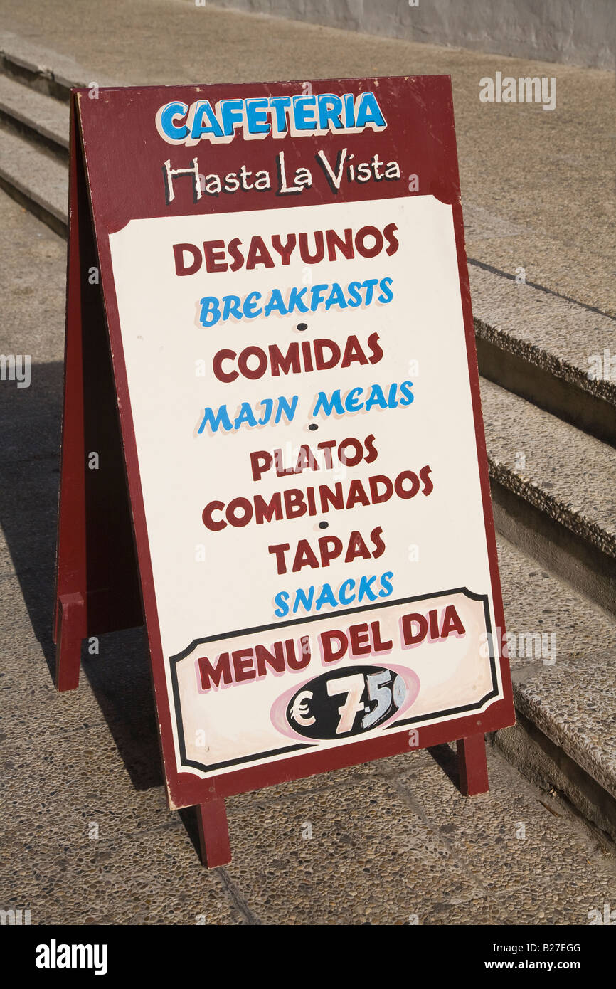 Bilingual advertisement for cafeteria Fuengirola Malaga Province Costa del Sol Spain Stock Photo
