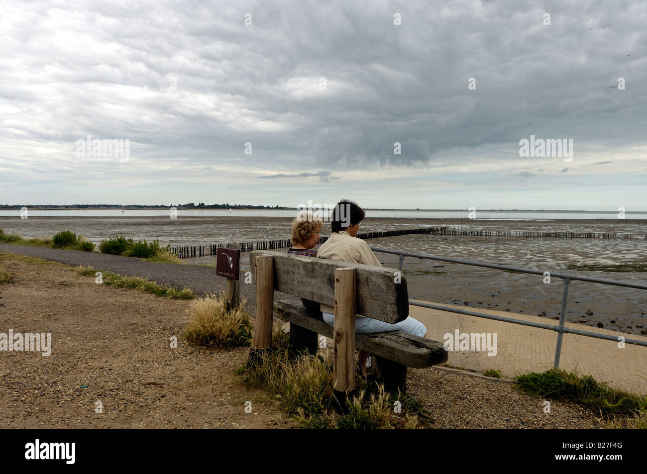 Two people looking out over mud flats, East Mersea, Essex Stock Photo