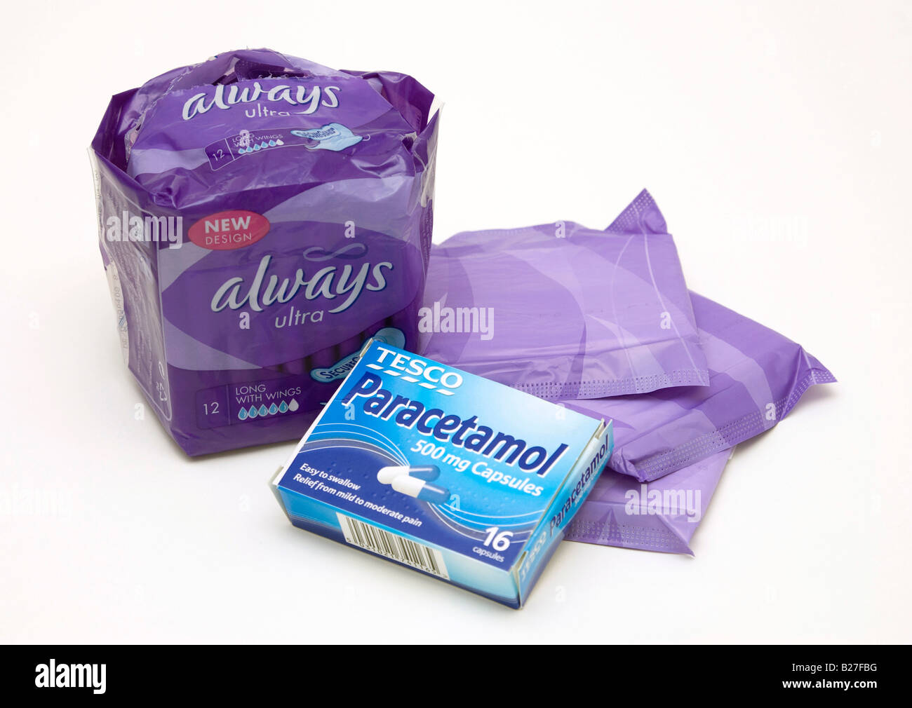 womens needs packet of sanitary towels and paracetamol Stock Photo Alamy