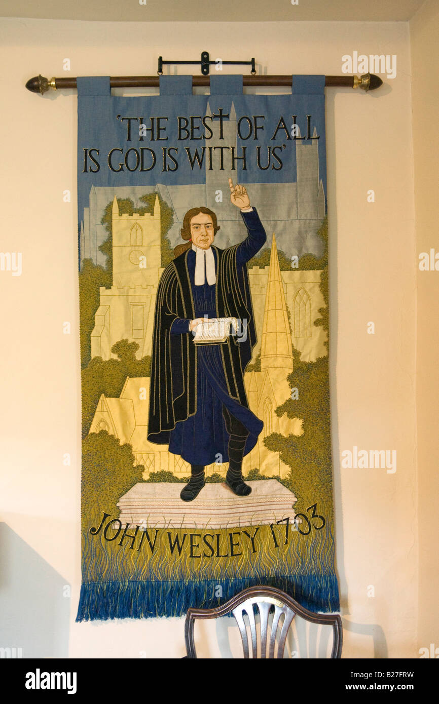 banner of John Wesley the famous Methodist preacher at The Old Rectory in Epworth, UK Stock Photo