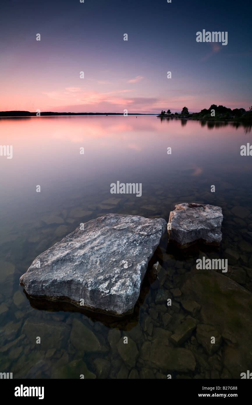 Rocks at sunset, Georgian Bay, Collingwood, Ontario, Canada Stock Photo