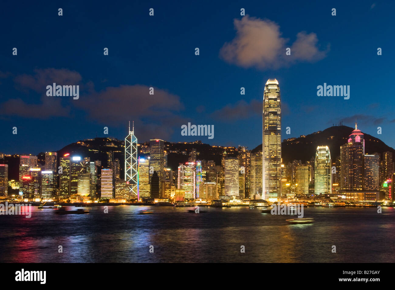 The skyline of the Central Business District of Hong Kong Island on a clear night in Hong Kong China Stock Photo