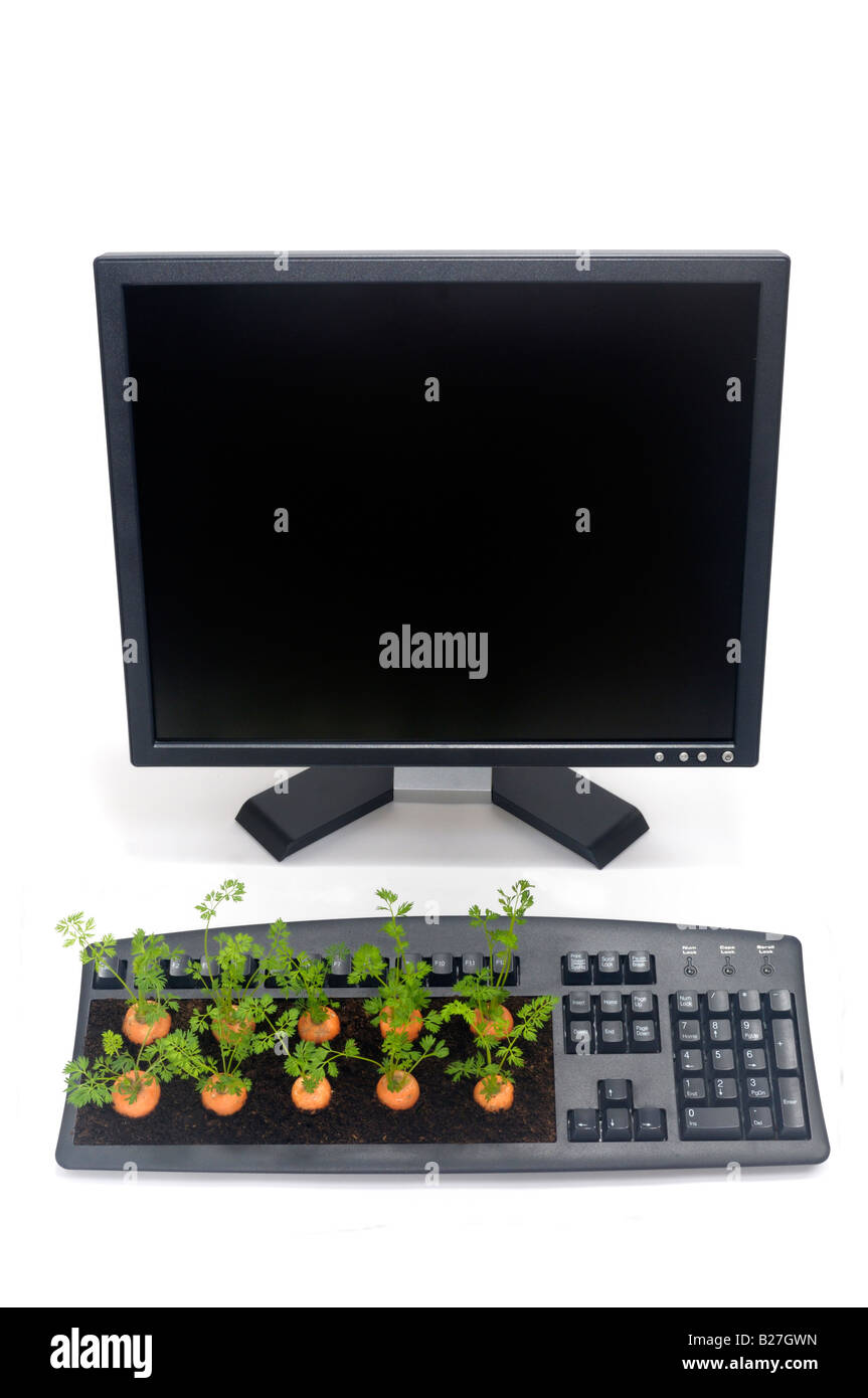 A desktop computer with carrots growing through the keyboard Stock Photo