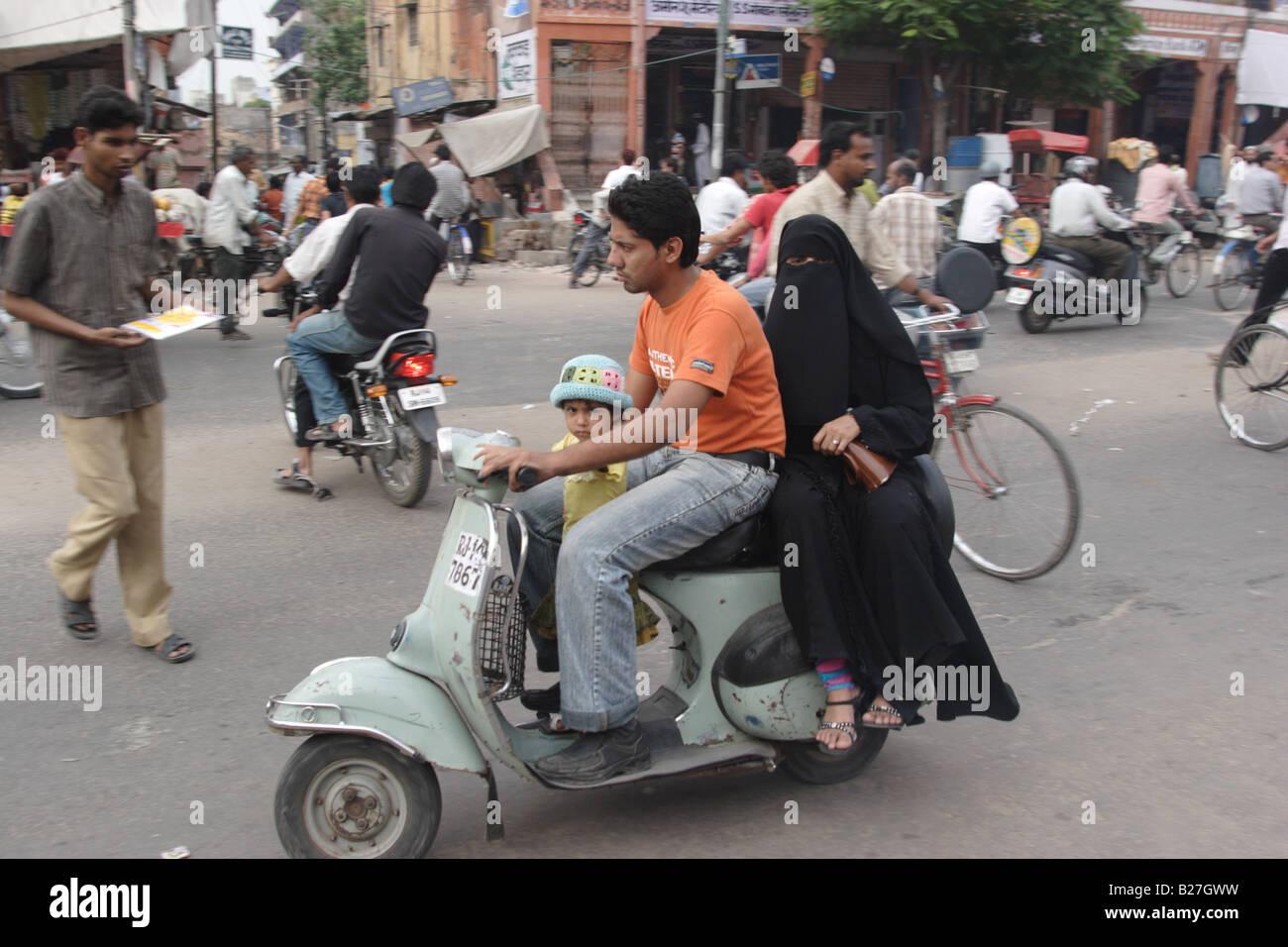 A family on motorbike, Jaipur, India Stock Photo