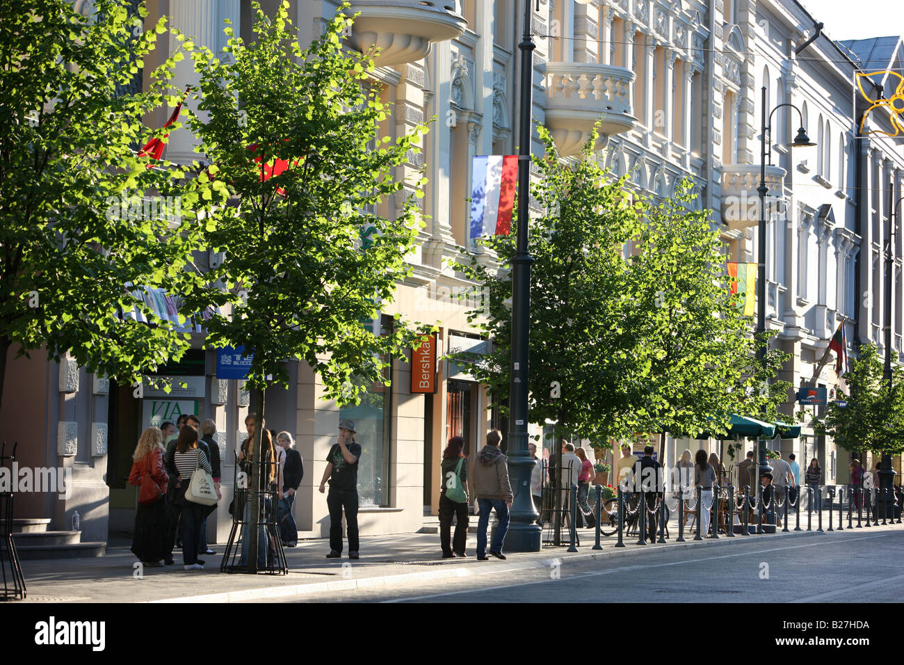LTU Lithuania Capital Vilnius Gedimino Boulevard shopping street with many shops boutiques restaurants and bar Stock Photo