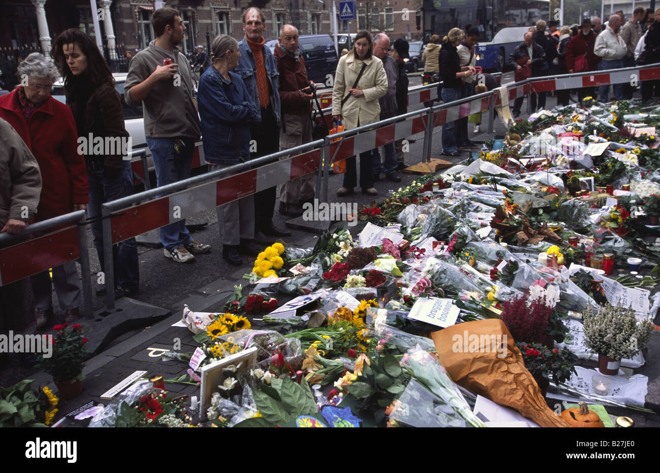 A sea of flowers at the spot where Theo Van Gogh was murdered earlier the same day on the 2nd of November 2004. Stock Photo