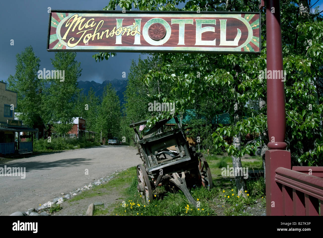 Sign to Ma Johnson´s Hotel, McCarthy, Alaska. Stock Photo