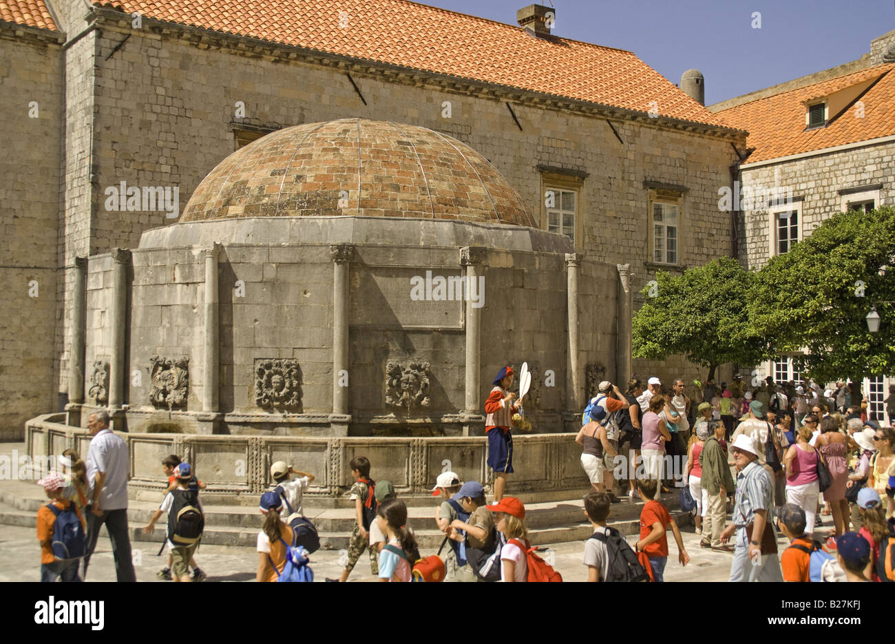 Dubrovnik Old Town tourists surround Big Onofrio's fountain Stock Photo