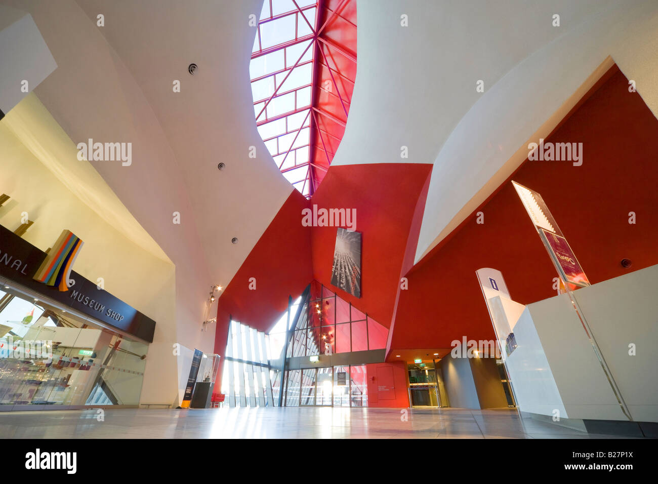 Interior of The National Museum of Australia in Canberra, ACT Australia. View towards museum shop; main entrance and counter. Stock Photo