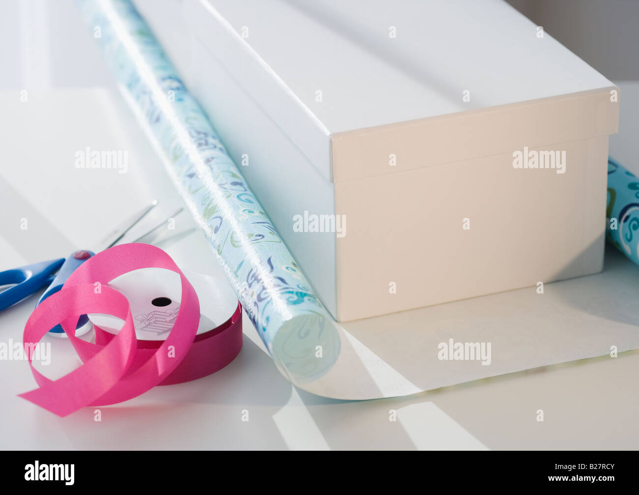 Roll Wrapping Paper Scissors Tags Ribbons Stock Photo 2301598667