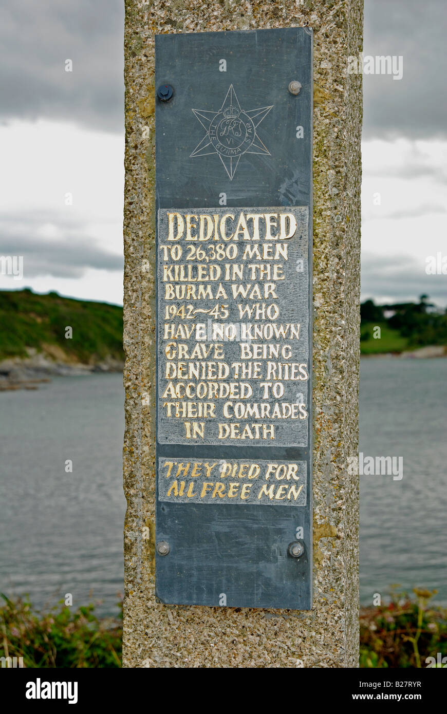 the inscription on the burma star memorial stone at polscatho in cornwall,uk Stock Photo