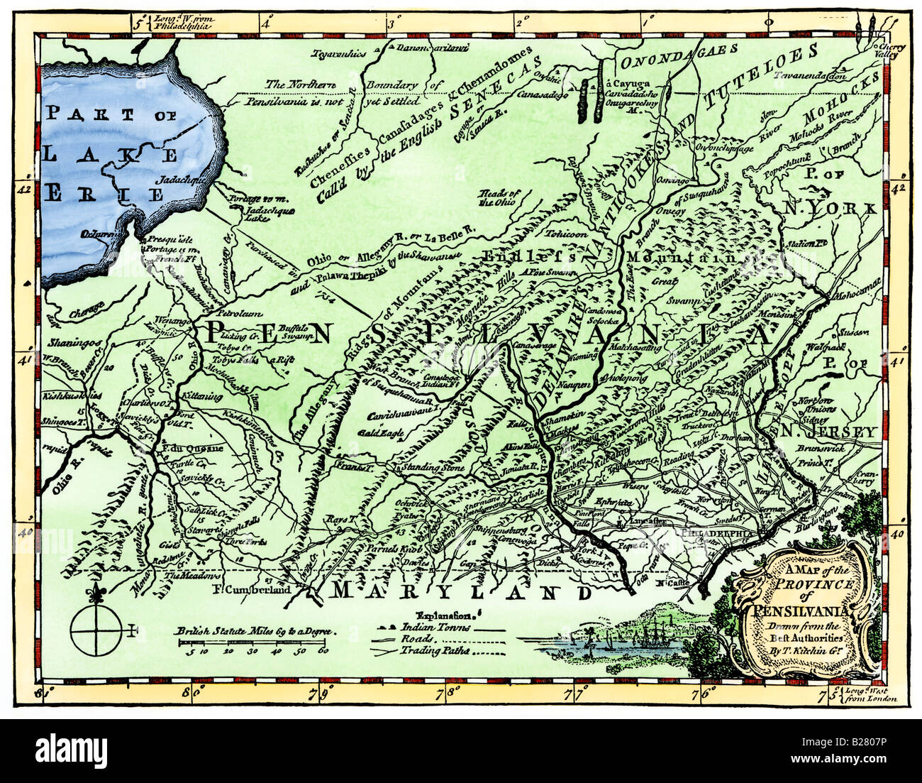Map of the Province of Pennsilvania 1756. Hand-colored woodcut Stock Photo