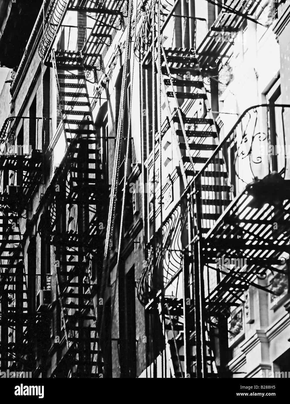 NYC Fire Escapes, street fire escape ladders Scene, Manhattan, New York, New York State, USA