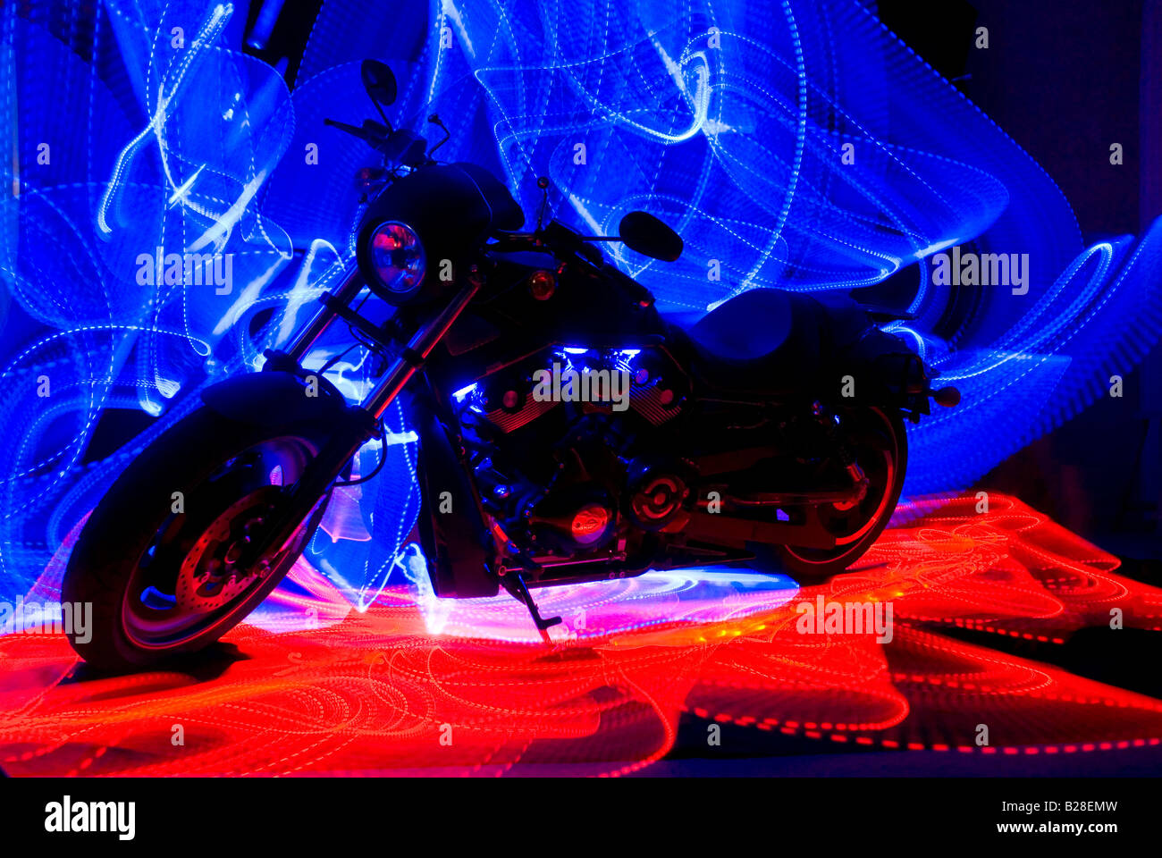 light painted Harley Davidson V Rod ( see also B2EWMWmatching image ) Stock Photo