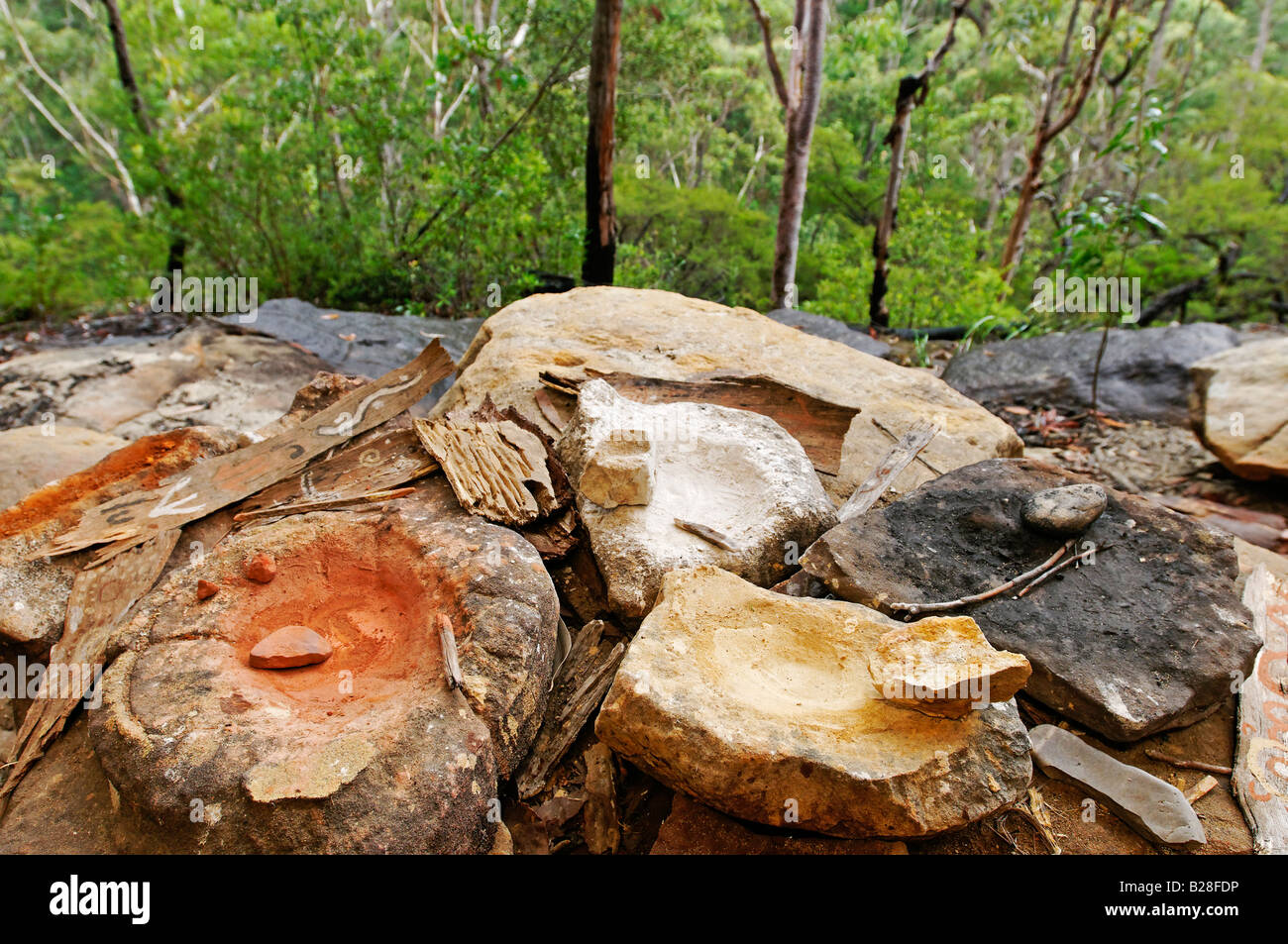 Natural paint in mortars of Aborigines, Blue Mountains, New South Wales, Australia Stock Photo