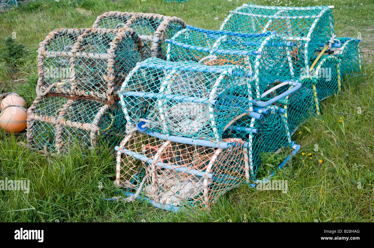 Crab pots on the shore on the Holy Island of Lindisfarne Stock Photo