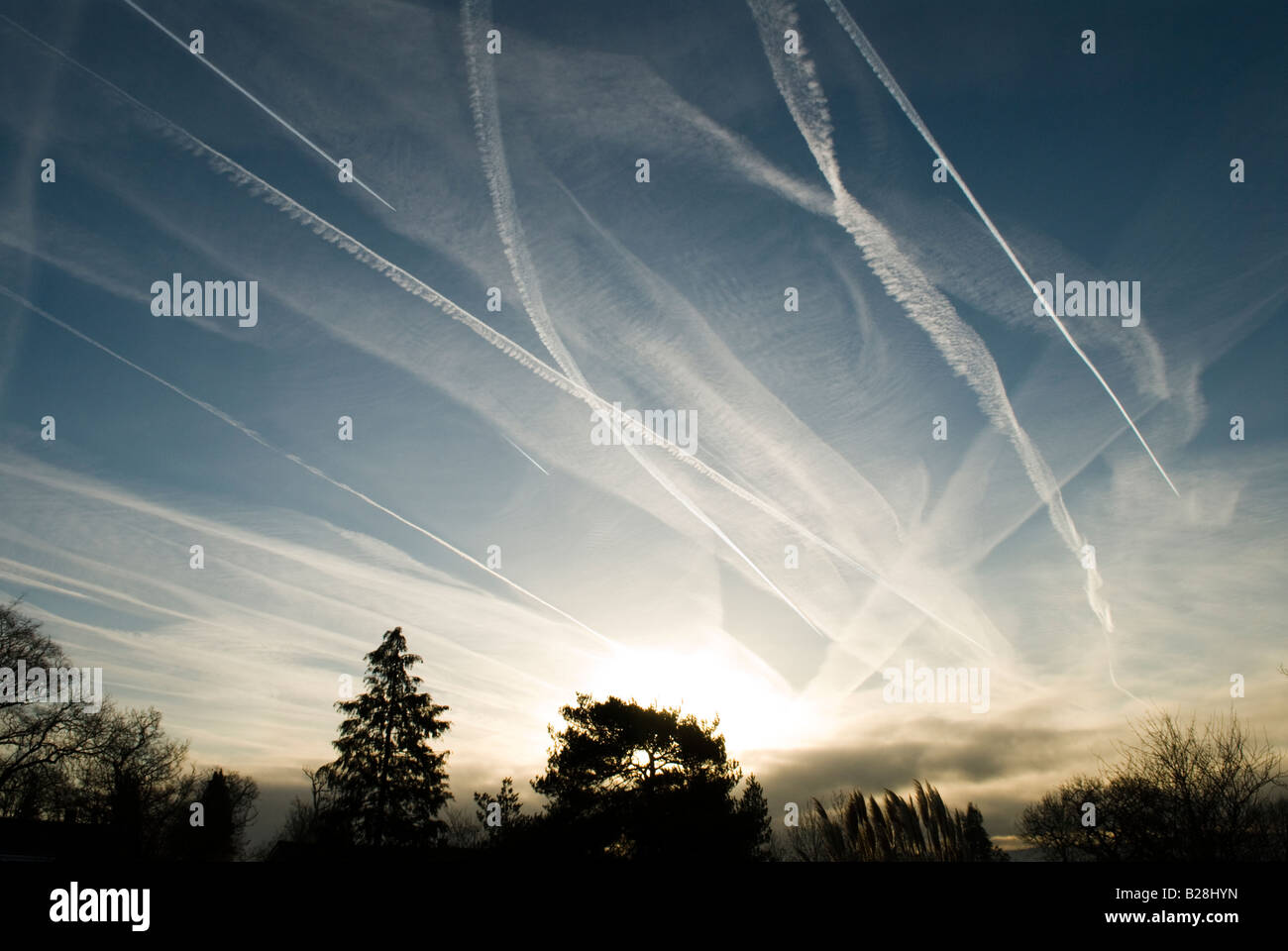 multiple contrails from planes in sky showing flight path over Midhurst, Sussex, UK, Sunrise Stock Photo