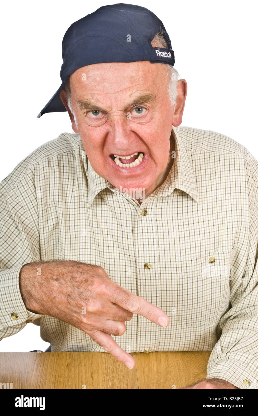 An elderly man wearing a baseball cap showing the "yo" hand sign against a  pure white (255) background Stock Photo - Alamy