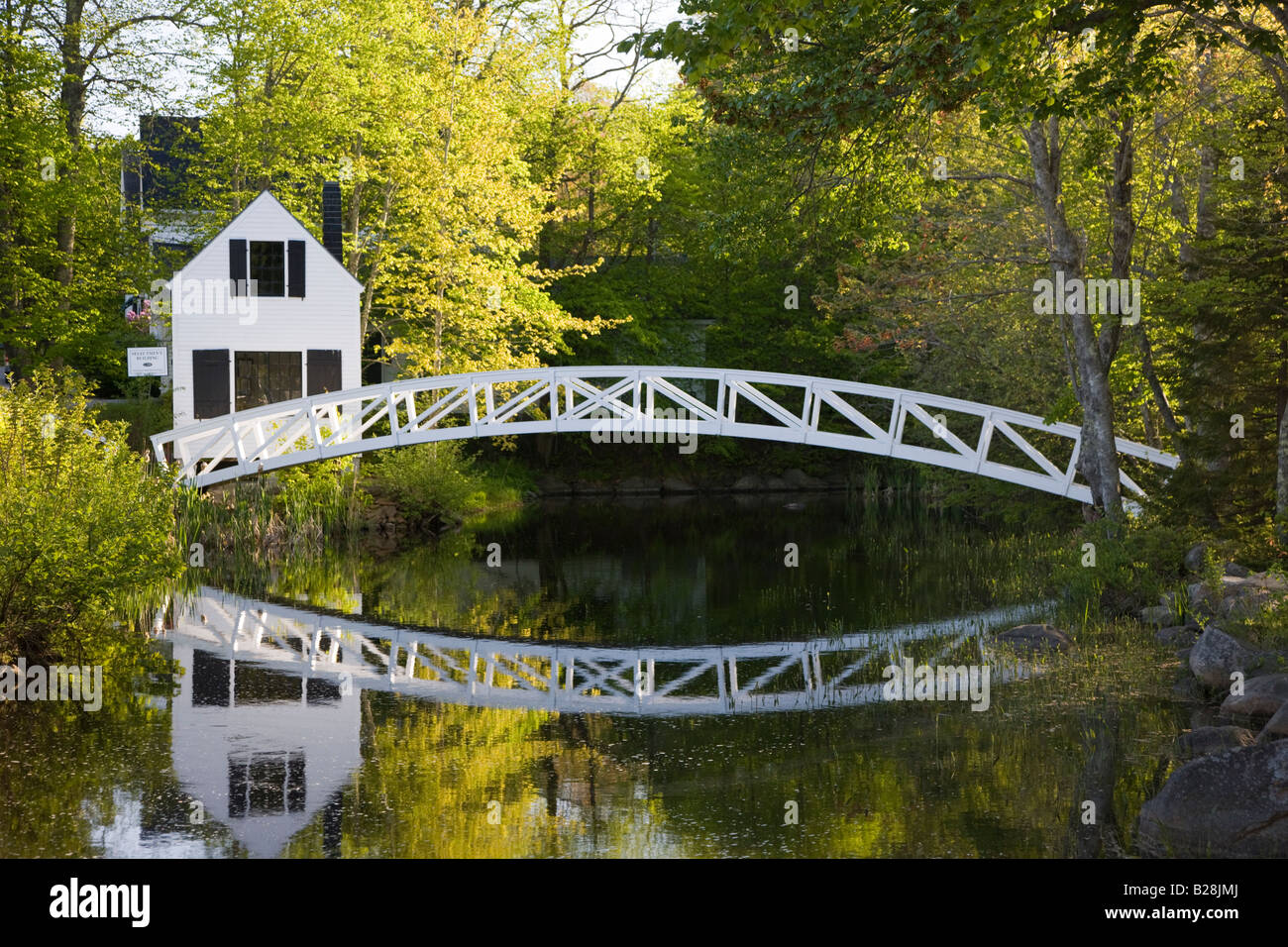 Wooden foot bridge over a pond, Somesville, ME Stock Photo