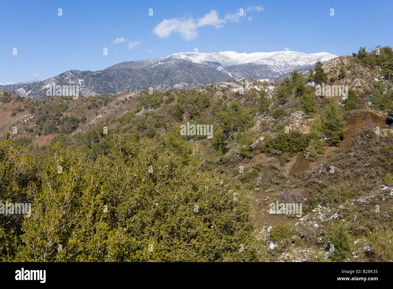 Mount Olympus on the Troodos Massif viewed from near Mandria, Cyprus Stock Photo