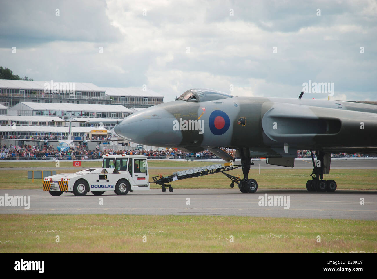 vulcan bomber being towed on airfield farnborough 2008 Stock Photo