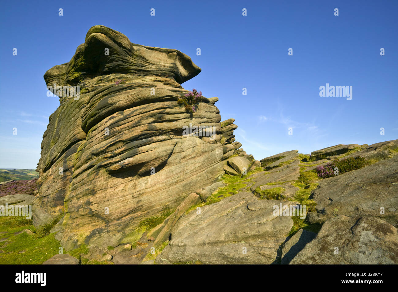 Close up, wide angle shot of Mother Cap stone in the Peak District National Park Stock Photo