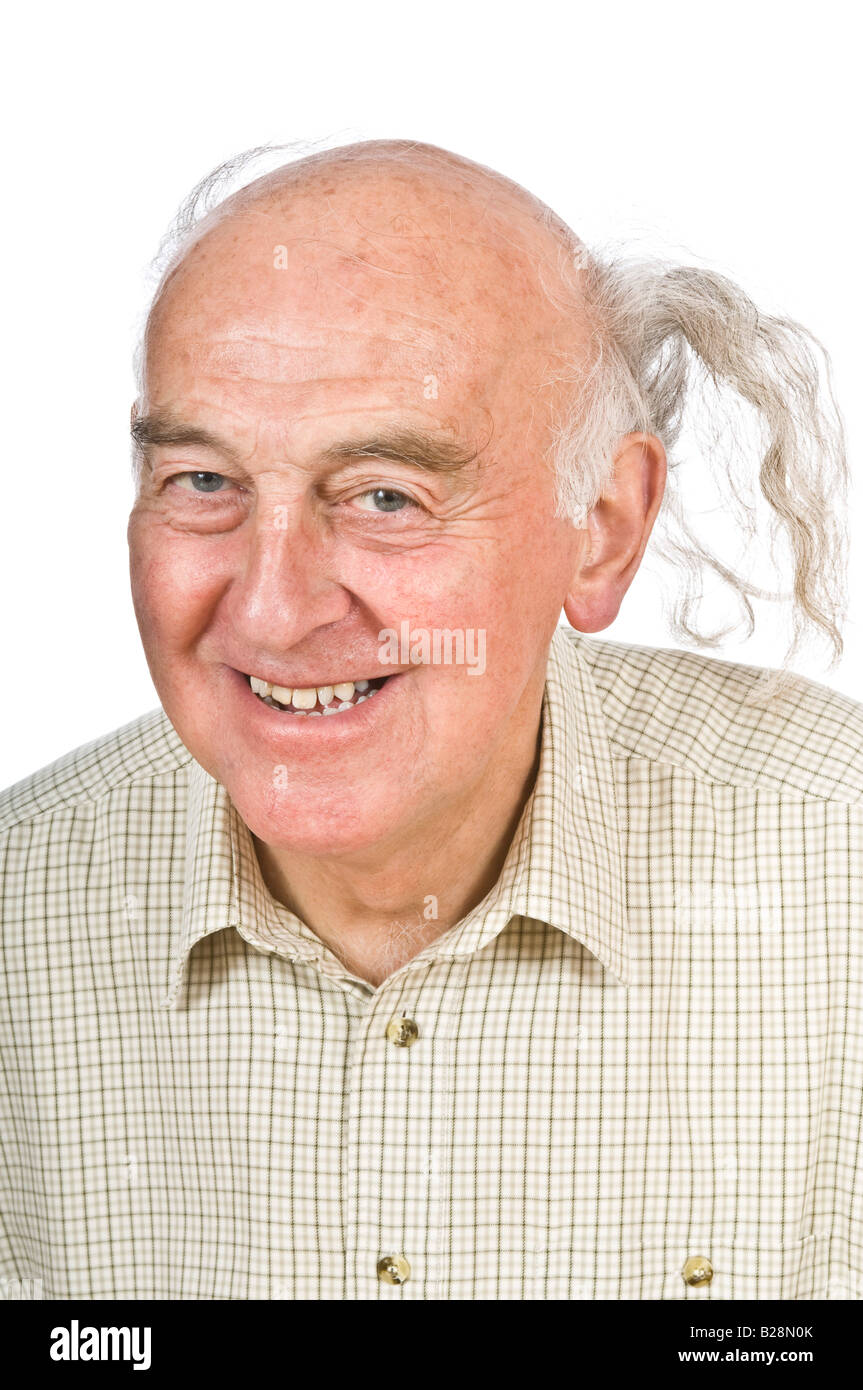 An elderly man displaying his 'comb-over' to cover his balding head against a pure white (255) background. Stock Photo