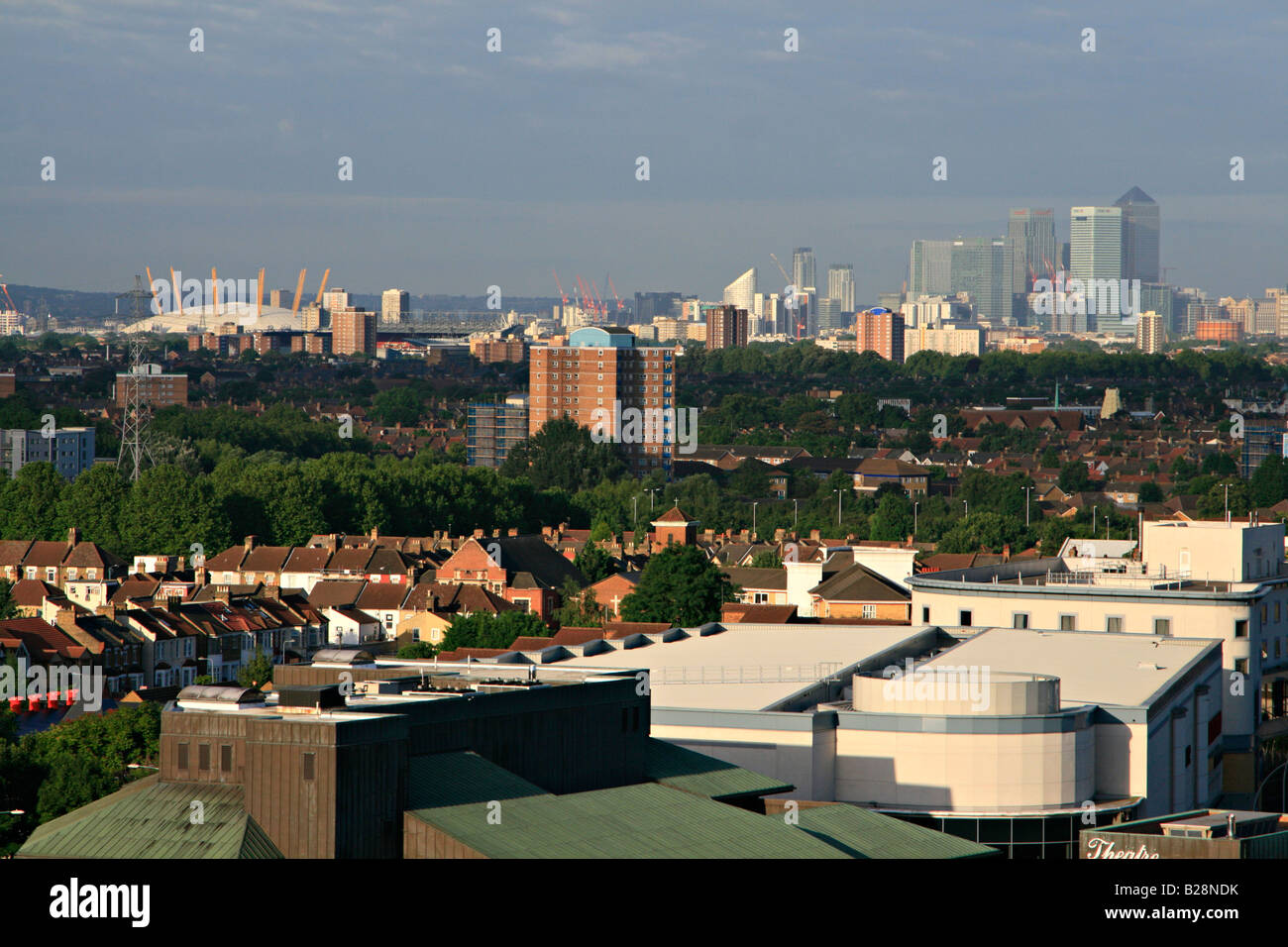 view from ilford essex  to canary wharf london docklands 02 arena  england uk gb Stock Photo
