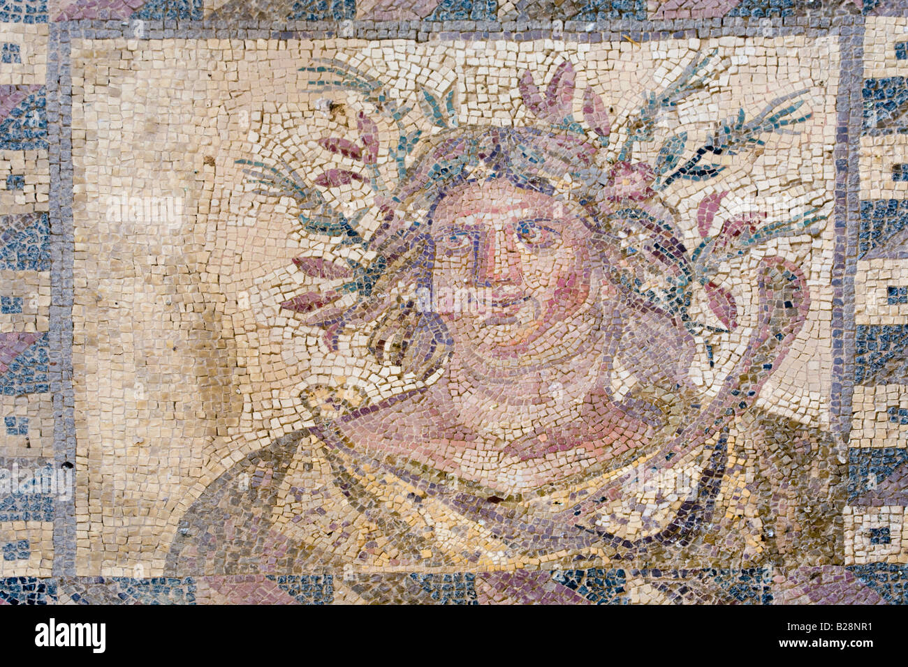 Mosaic of the bust of Autumn in the House of Dionysos, Pafos Mosaics, Nea Pafos, Cyprus Stock Photo