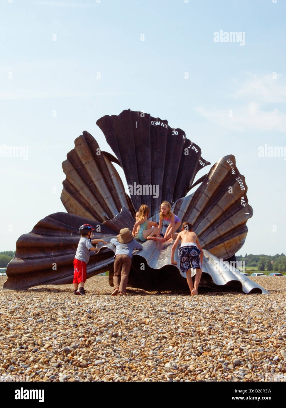 The Scallop Sculpture on Aldeburgh Beach by artist Maggi Hambling Aldeburgh Suffolk England Stock Photo