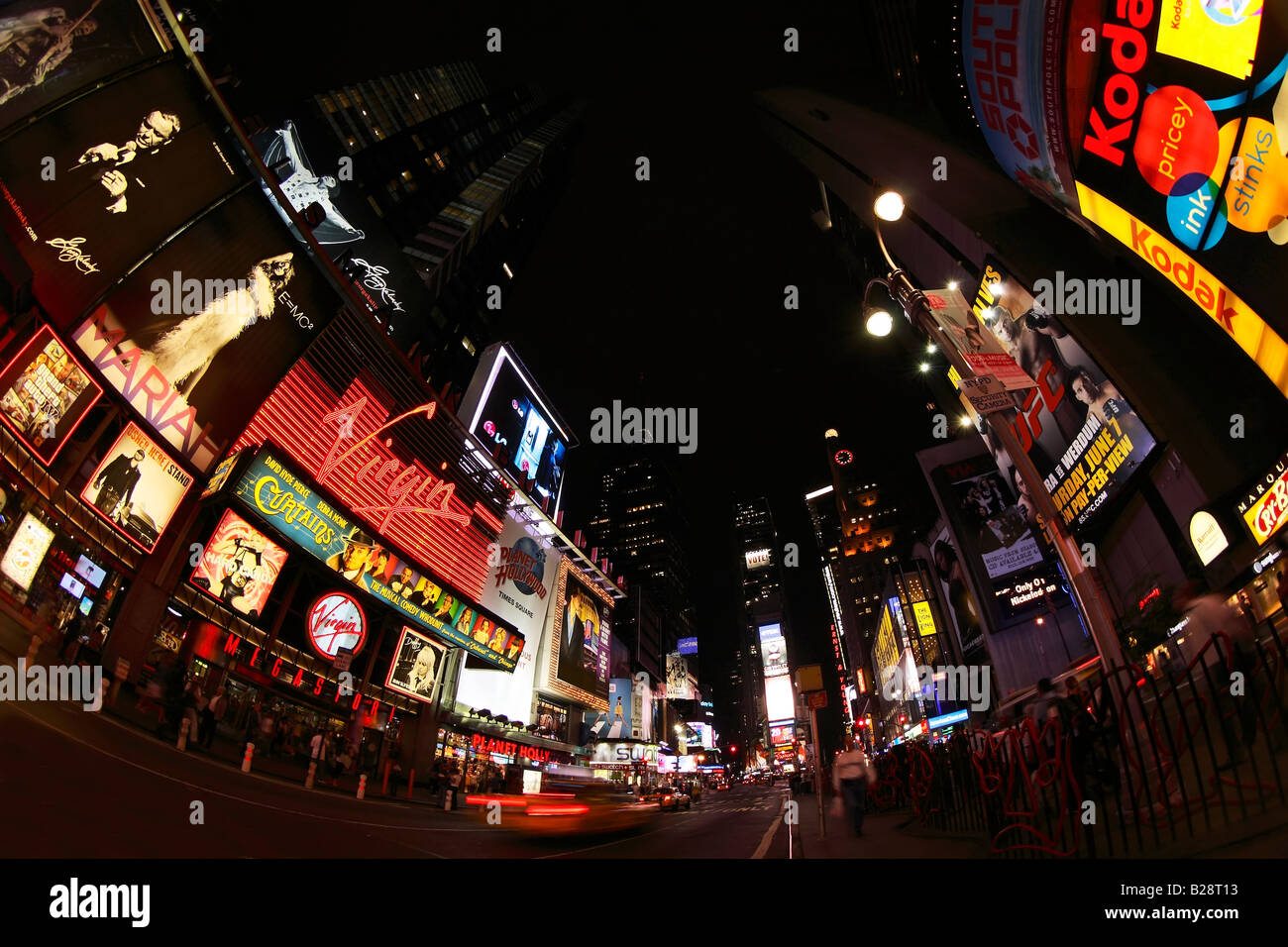 Fish-eye view of Times Square lights at night - New York City, USA Stock Photo
