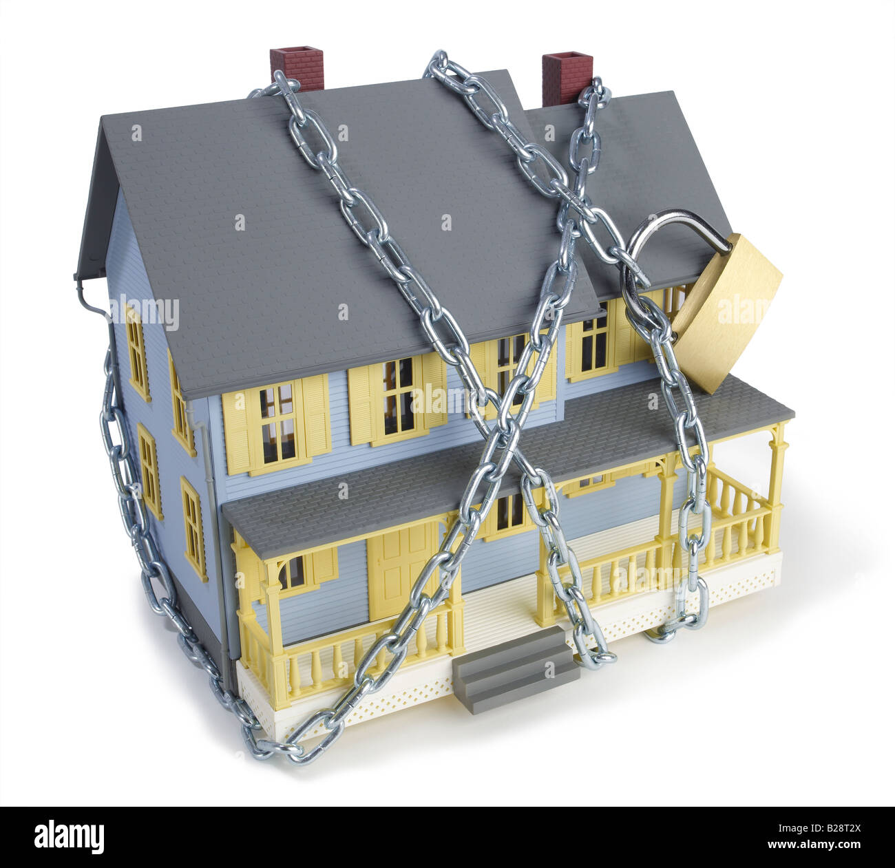 Chain and lock  around house Stock Photo
