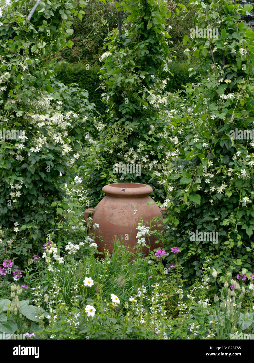 White garden with clay vase Stock Photo
